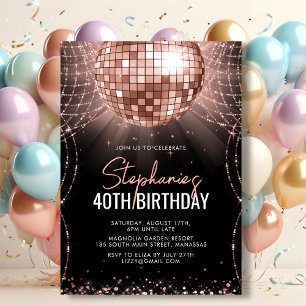 Disco Ball Rose Gold Black 40. Geburtstag Party Einladung