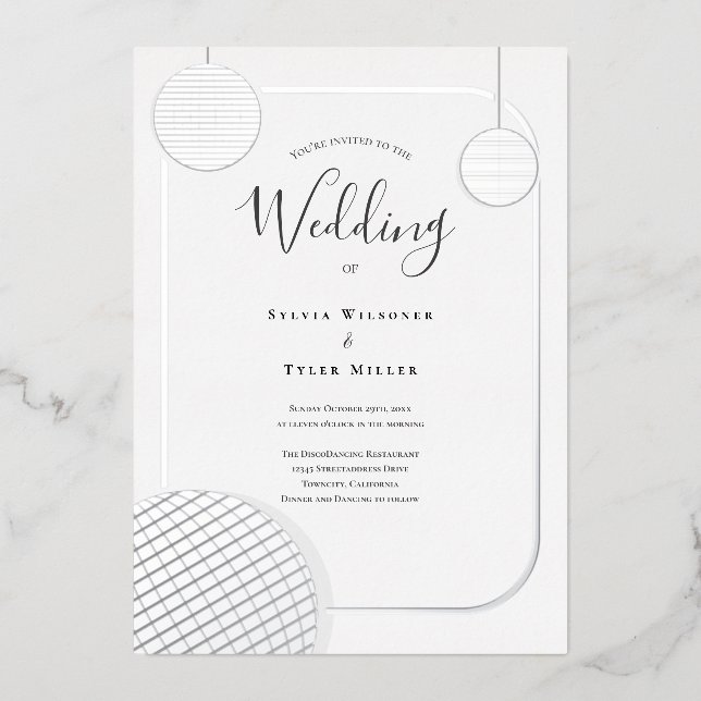 Disco Ball Silver Retro Wedding Folieneinladung (Vorderseite)