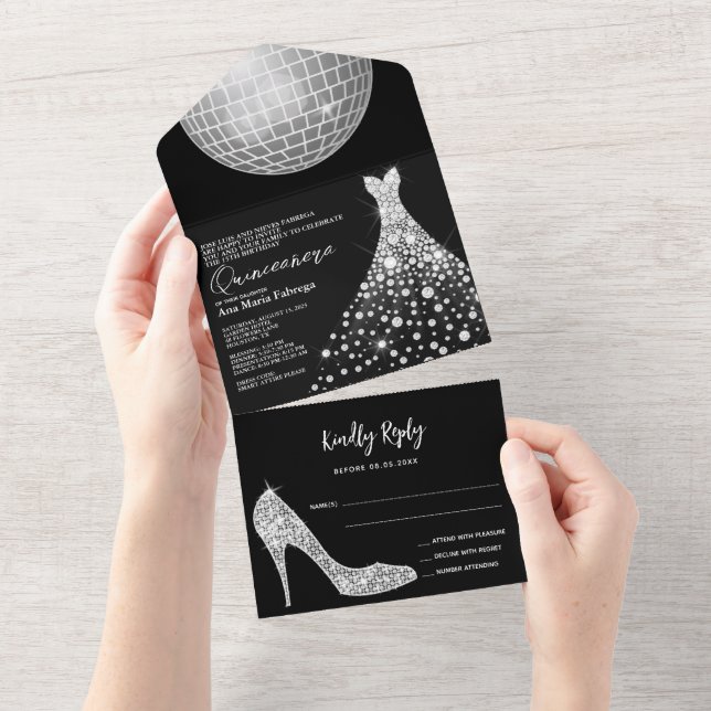 Disco Ball, Stiletto & Ball Gown Quinceñera All In One Einladung (Abreißen)