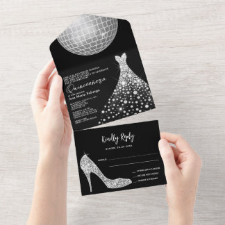 Disco Ball, Stiletto & Ball Gown Quinceñera All In One Einladung