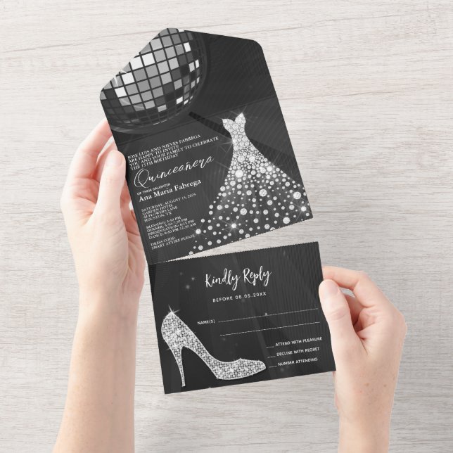 Disco Ball, Stiletto & Ball Gown Quinceñera All In One Einladung (Abreißen)