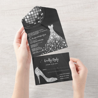 Disco Ball, Stiletto & Ball Gown Quinceñera All In One Einladung