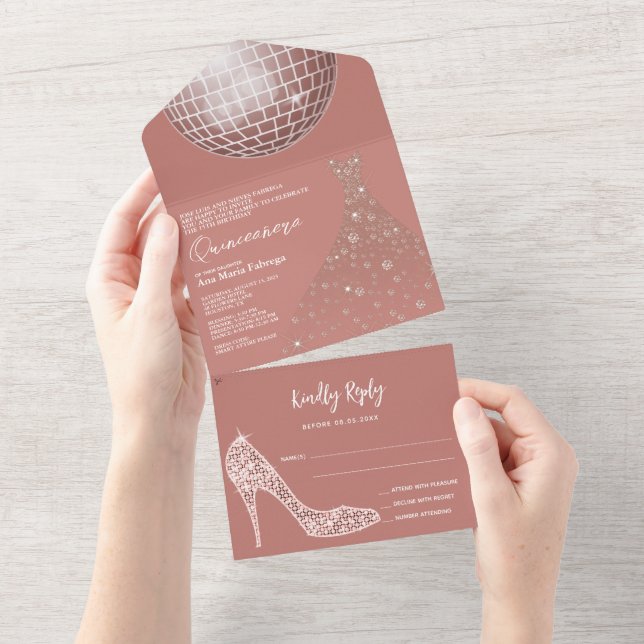 Disco Ball, Stiletto & Ball Gown Quinceñera All In One Einladung (Abreißen)