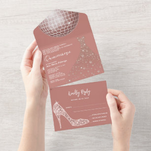 Disco Ball, Stiletto & Ball Gown Quinceñera All In One Einladung