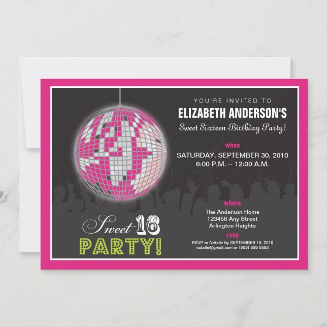 Disco Ball Sweet 16 Anniversaire Invitation (rose) (Devant)