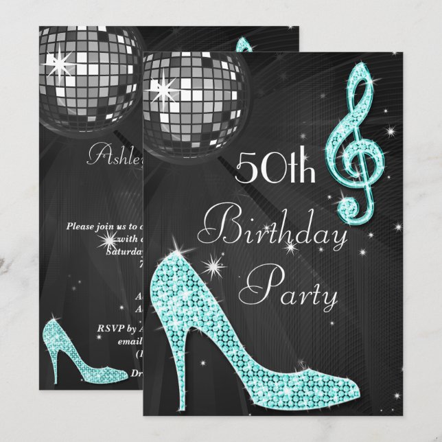 Disco Ball und Heelse Black & Aquamarin 50. Geburt Einladung (Vorne/Hinten)