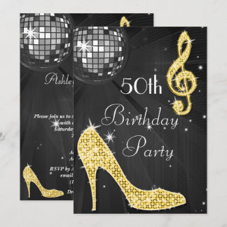 Disco Ball und Heelse Black & Gold 50. Geburtstag Einladung
