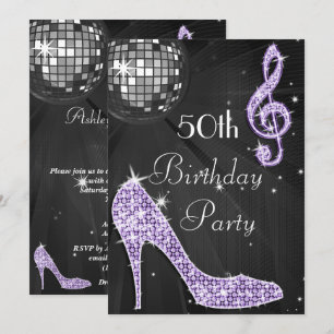 Disco Ball und Heelse Black & Lilac 50. Geburtstag Einladung