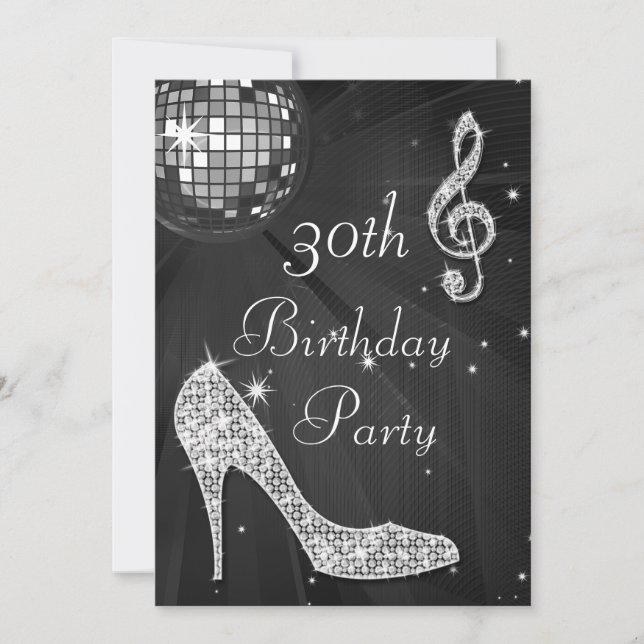 Disco Ball und Heelse Black & Silver 30. Geburtsta Einladung (Vorderseite)
