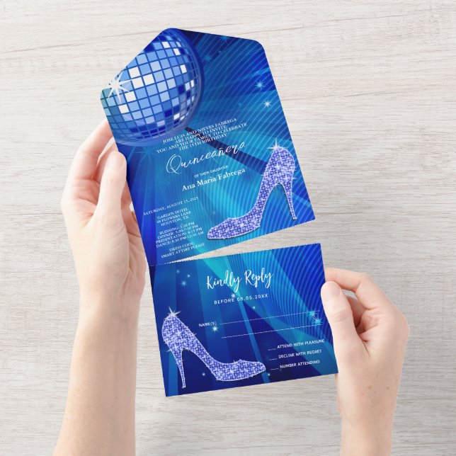 Disco Ball und Heelse Blue Quinceñera All In One Einladung (Abreißen)