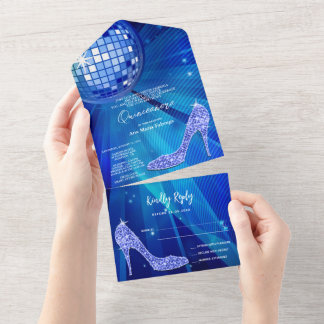 Disco Ball und Heelse Blue Quinceñera All In One Einladung
