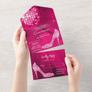Disco-Ball und Heelse Pink Quinceñera All In One Einladung