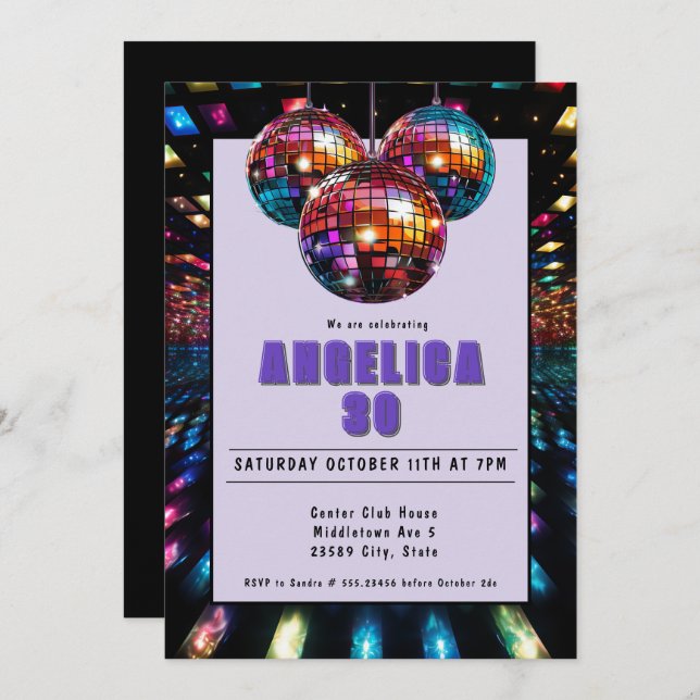 Disco Birthday Lila Black Einladung (Vorne/Hinten)