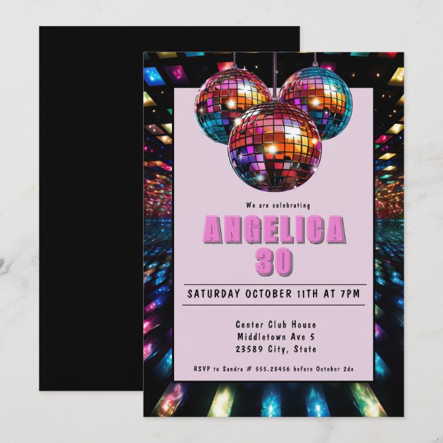 Disco Birthday Pink Black Einladung (Vorne/Hinten)