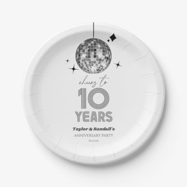 Disco Cheers 10 Years Wedding Anniversary Party Pappteller (Vorderseite)