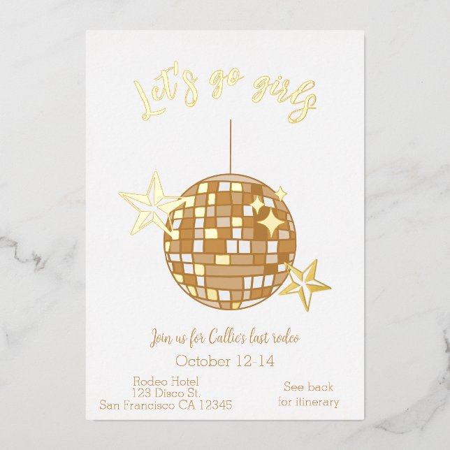 Disco Cowgirl Bachelorette Itinerary Folieneinladung (Vorderseite)
