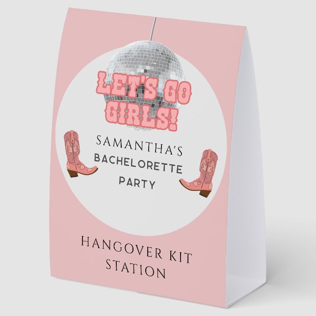 Disco Cowgirl Bachelorette Weekend Hangover Kit Tischaufsteller (Rückseite)