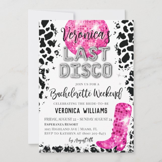 Disco Cowgirl Bachelorette Wochenende Einladung (Vorderseite)