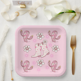 Disco Cowgirl Boot Cactus and Flowers Pappteller