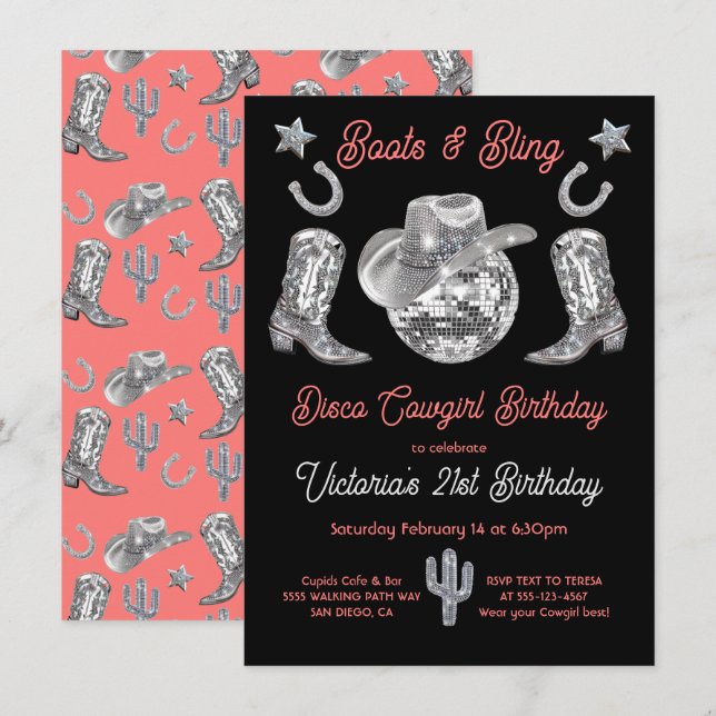 Disco Cowgirl Boots & Bling Kristall Birthday Einladung (Vorne/Hinten)