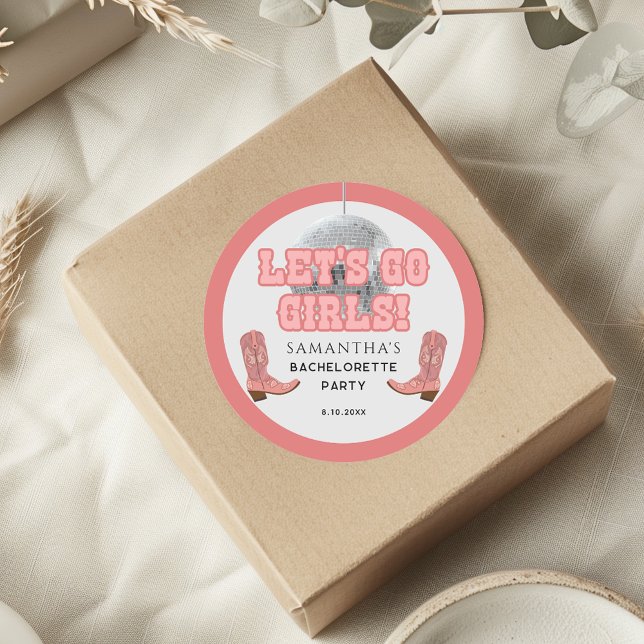 Disco Cowgirl Lasse Go Girls Junggeselinnen-Abschi Runder Aufkleber (Retro Lets Go Girls Bachelorette Classic Round Stickers)