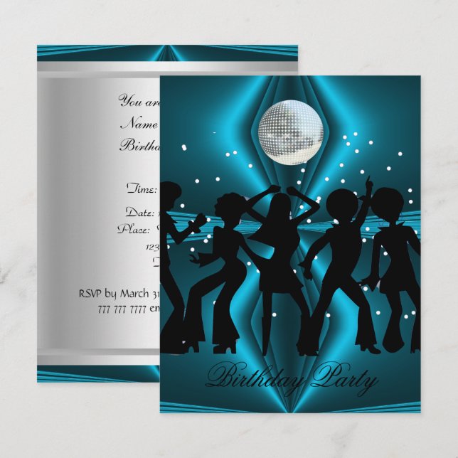 Disco Dance Blue Birthday Party Einladung (Vorne/Hinten)