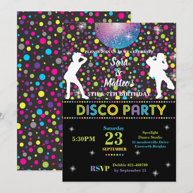 Disco Dance Joint Twins Birthday Party Boy Girl Einladung (Vorne/Hinten)