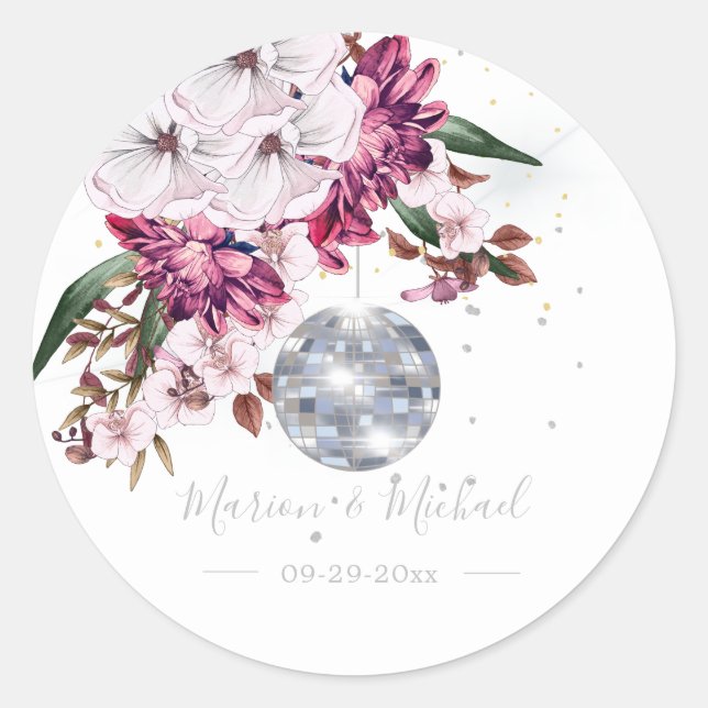 Disco Elegante Hochzeit der Blumen Runder Aufkleber (Vorderseite)