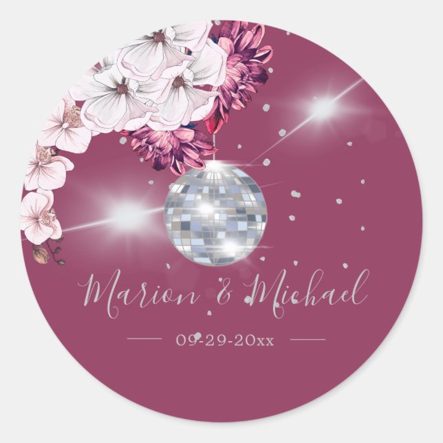 Disco Elegante Hochzeit der Blumen Runder Aufkleber (Vorderseite)