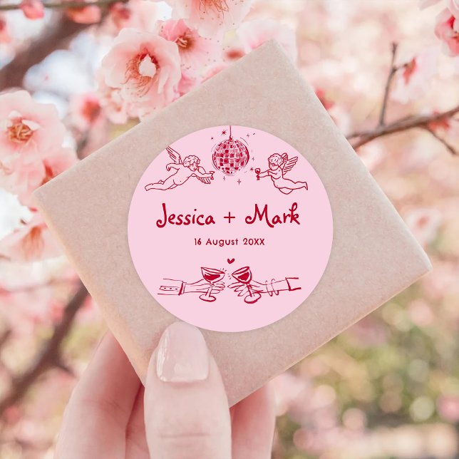 Disco Funky Hand Drawn Wedding Runder Aufkleber (Von Creator hochgeladen)