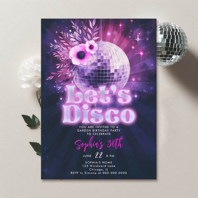 Disco Garden Party 70er Hot Pink Chic 30. Geburtst Einladung (disco garden party 30th birthday invitation groovy 70s floral disco ball hot pink purple navy)