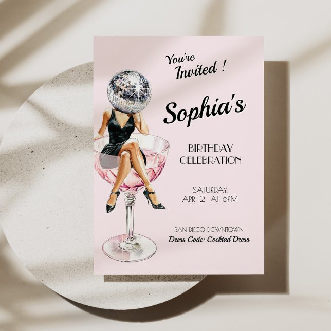 Disco Girl in Martini Glass Invitation d'anniversa (Disco Girl In Martini Glass Birthday Invite)