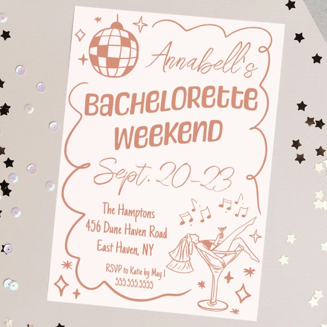 Disco Junggeselinnen-Abschied Wochenende Einladung (hand drawn pink bachelorette party weekend invitation disco champagne theme cute doodle sketch)