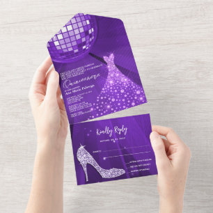 Disco-Kugel, Stiletto, Ballkleid Violette Quinceañ All In One Einladung