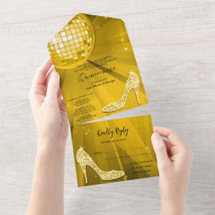 Disco-Kugel und Absätze Gold Quinceañera All In One Einladung