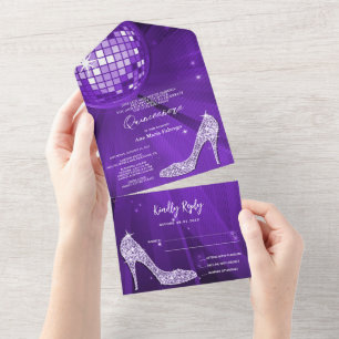 Disco-Kugel und Absätze Violette Quinceañera All In One Einladung