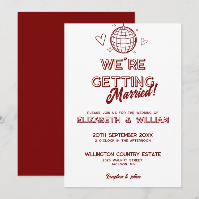 Disco moderne Red Retro Faire-part de mariage Supe (Devant / Derrière)