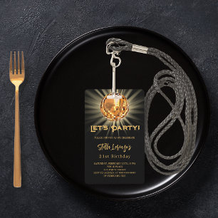 Disco Party Black Gold Einladung zum Geburtstag Ausweis