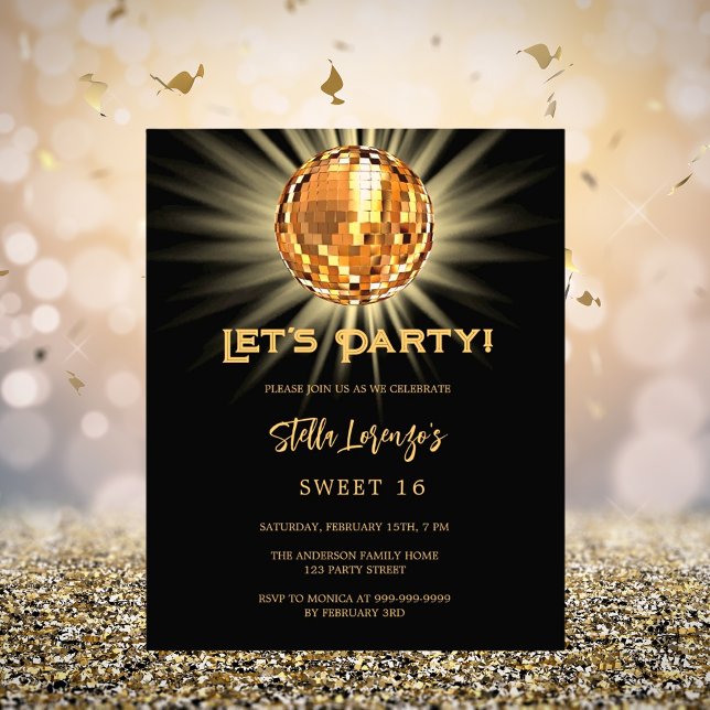 Disco Party Black Gold Sweet 16-Budget-Einladung (Von Creator hochgeladen)