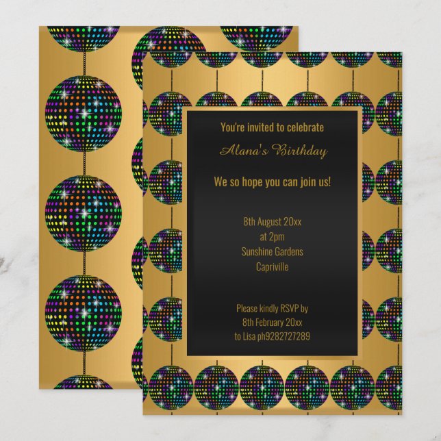 DISCO PARTY THEMA GOLD JEDEN ANLASS INVITATION EINLADUNG (Vorne/Hinten)