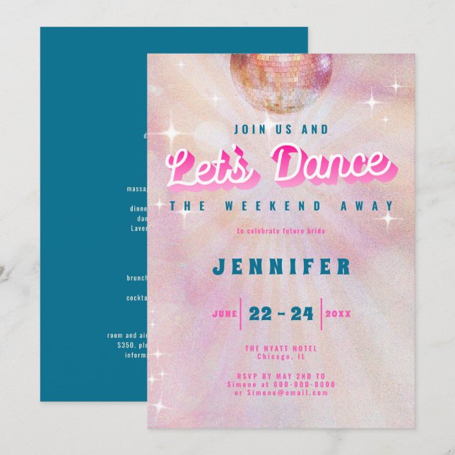 Disco Pink Aquamarin Retro Dance Bacheloretto Einladung (Vorne/Hinten)