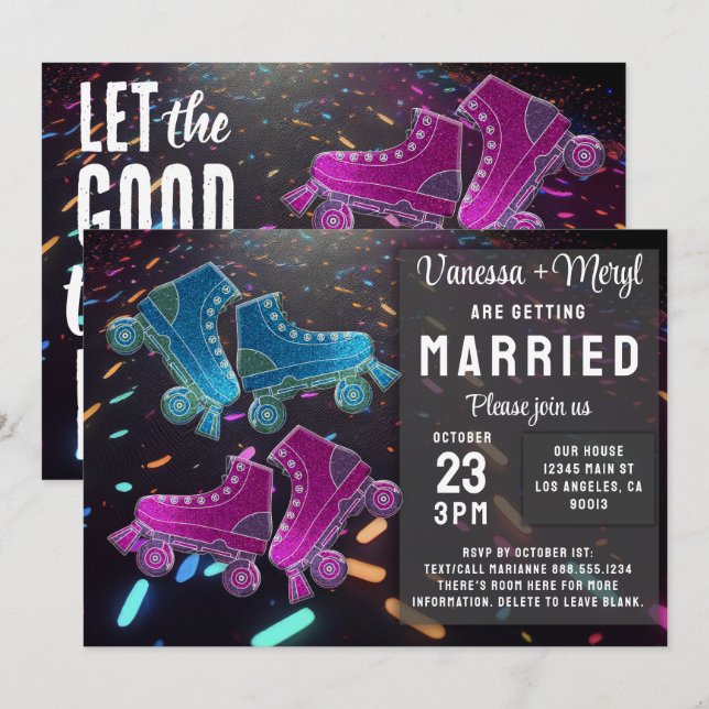Disco Rollerskating Wedding Glitzer Roller Skate Einladung (Vorne/Hinten)