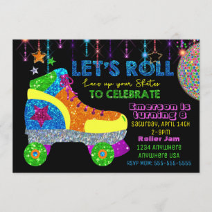 Disco-Rollschuh-Party, Skaten, Glitter Einladung
