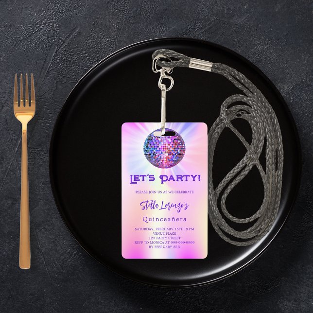 Disco rosa holografische Quinceanera-Einladung Ausweis (Von Creator hochgeladen)