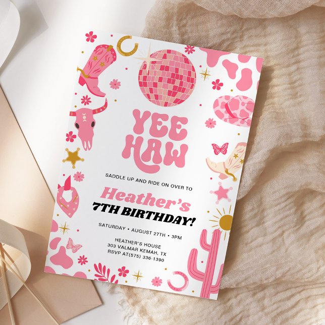 Disco Space Pink Cowgirl Western Geburtstag Einladung (Von Creator hochgeladen)