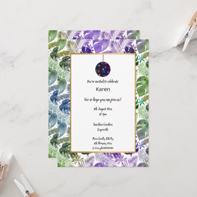 DISCO TROPICAL BALL BIRTHDAILATION EINLADUNG (Vorderseite/Rückseite Beispiel)