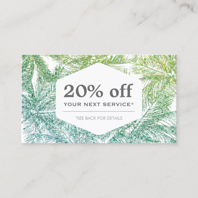 Discount-Karte Tropical Green/Aqua Glitzer Palms Rabattkarte (Vorderseite)