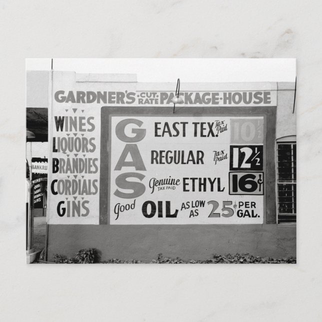 Discount Liquor & Benzin, 1939 Postkarte (Vorderseite)