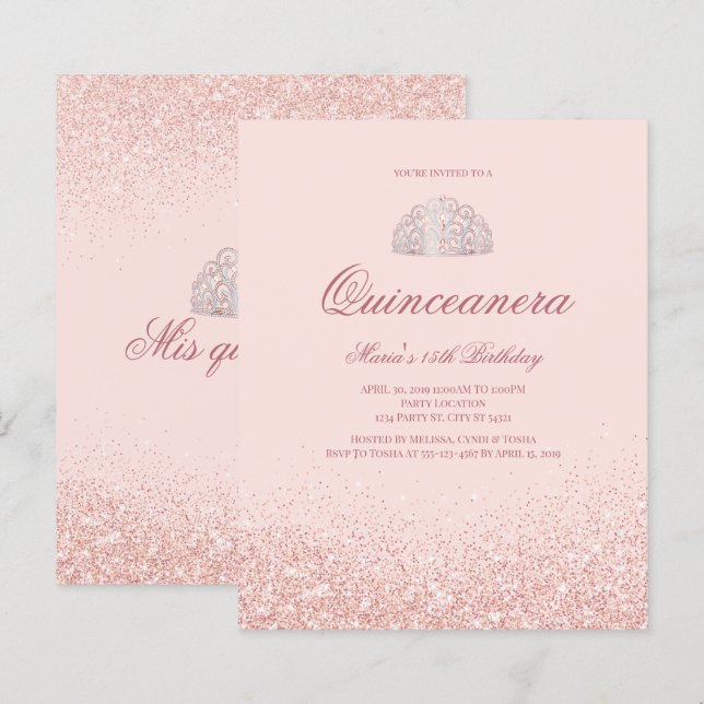 Discount Rose Gold Glitzer Quinceanera Einladung (Vorne/Hinten)