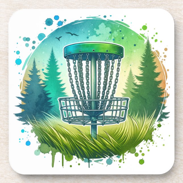 Disk Golf Basket und Pine Trees Blau und Grün Getränkeuntersetzer (Vorderseite)